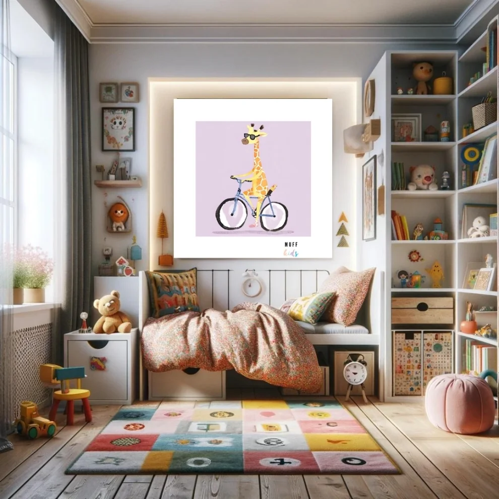 Muff Kids - Free Friends Giraffe Ride A Bike No:3 Art Print Poster