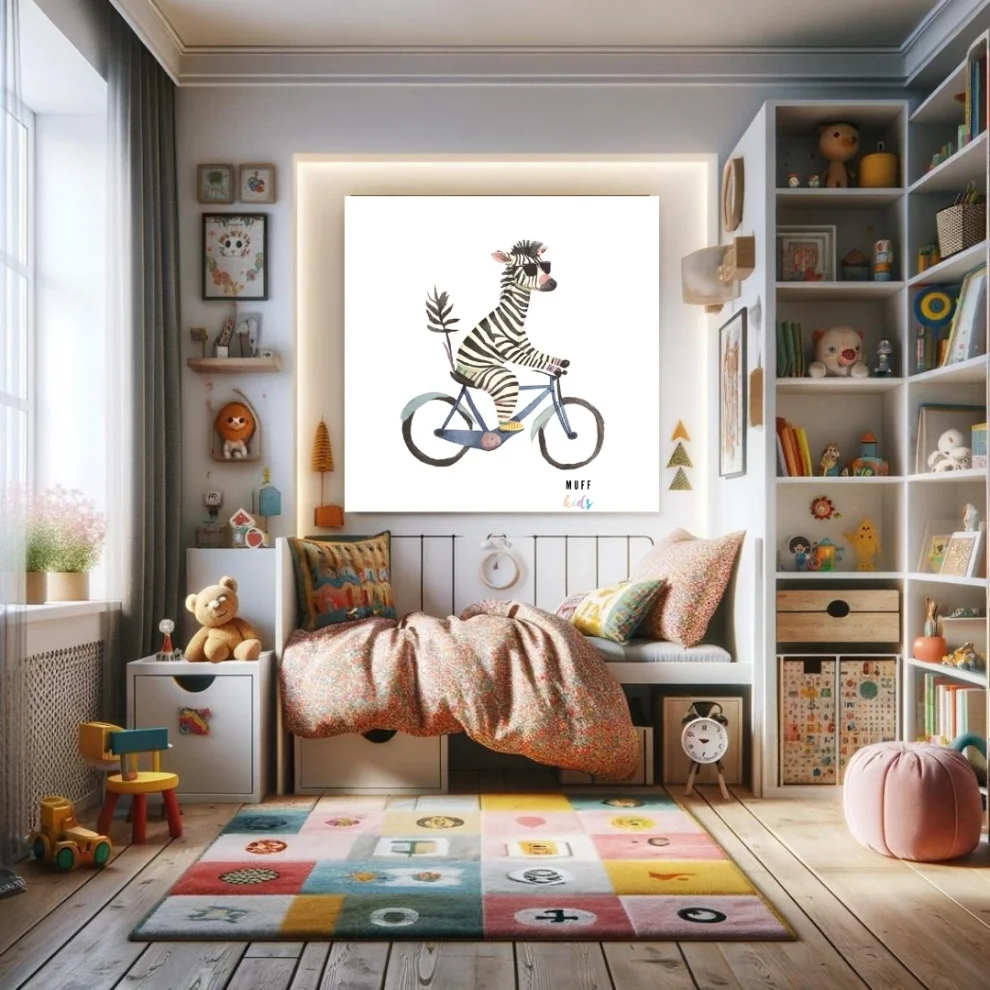 Muff Kids - Free Friends Zebra Ride A Bike No:1 Art Print Poster