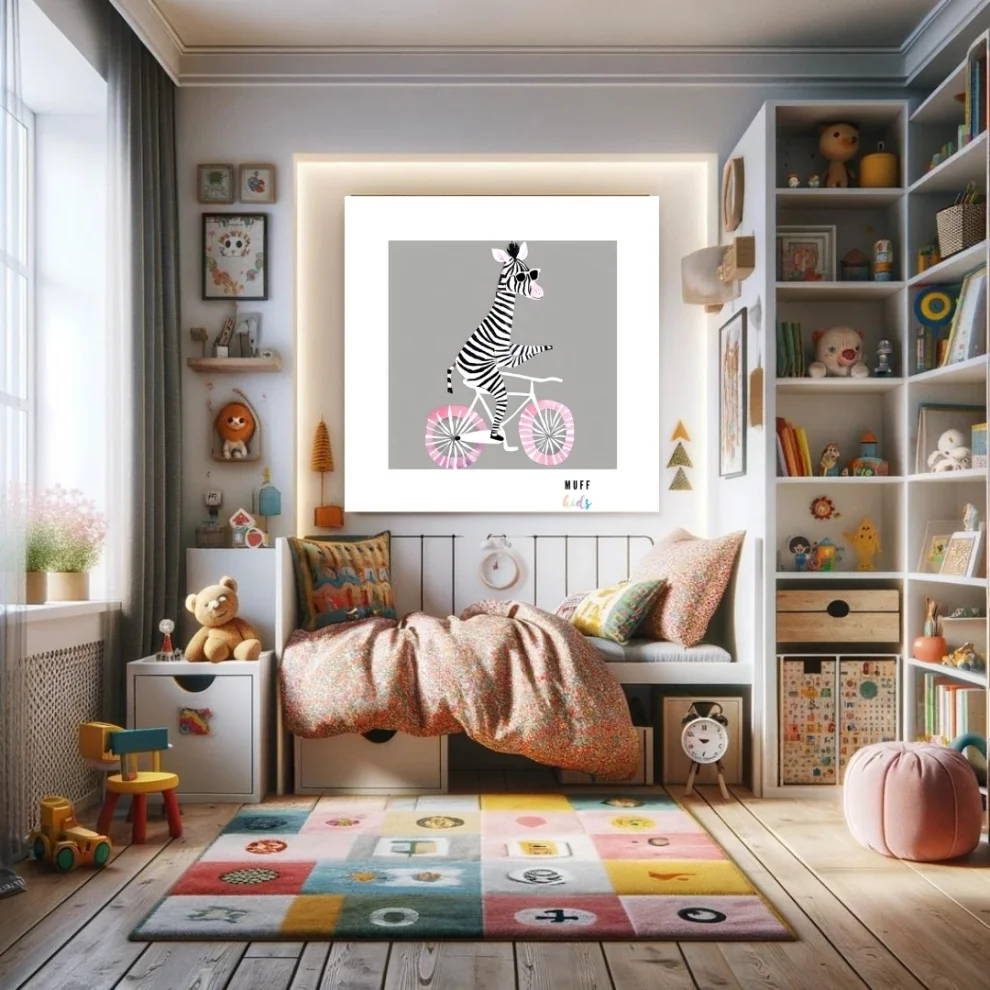 Muff Kids - Free Friends Zebra Ride A Bike No:2 Art Print Poster