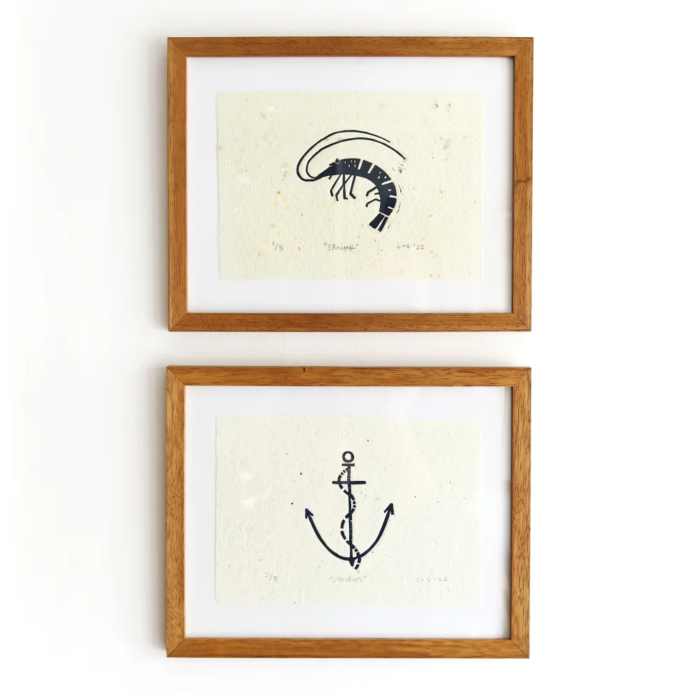 Çaçiçakaduz - Shrimp Limba Wood Framed Lino Print