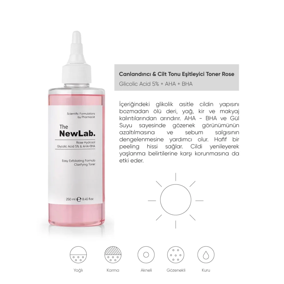 The NewLab - Canlandırıcı & Cilt Tonu Eşitleyici Toner Rose Hydrosol Glycolic Acid 5% & Aha+bha 250 Ml