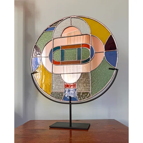 Maja Stained Glass & Mosaic - Bauhaus Style Geometric Circle Stained Glass Mirror With Stand