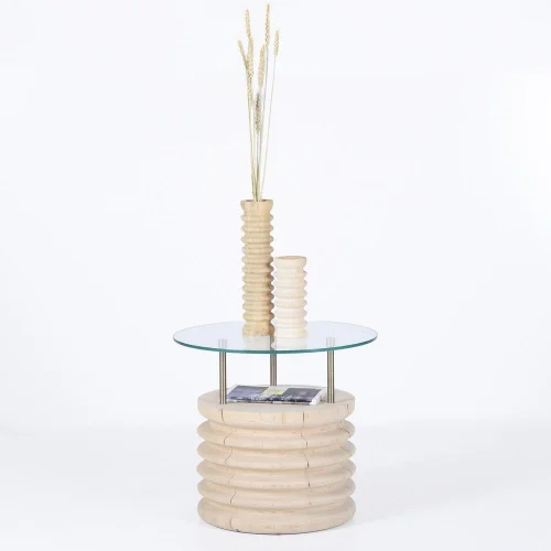 ANANAS - Sofra Glass Top Solid Cedar Side Table / Short
