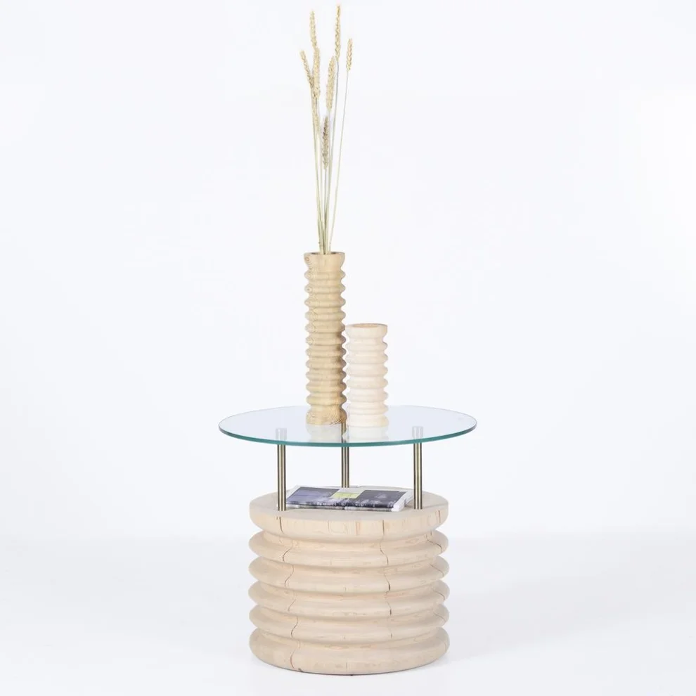 ANANAS - Sofra Glass Top Solid Cedar Side Table / Short