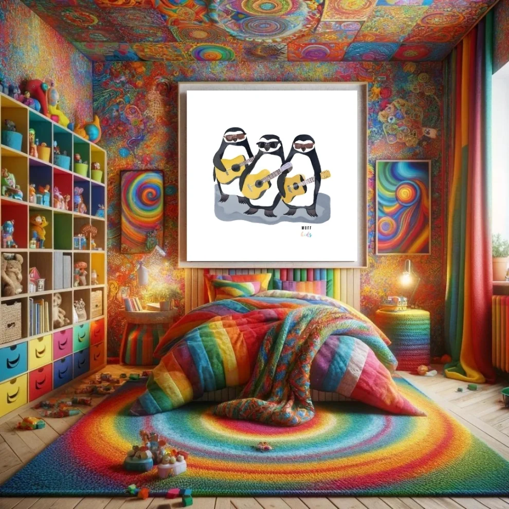 Muff Kids - Free Friends Musician Penguins Art Print Poster No:1