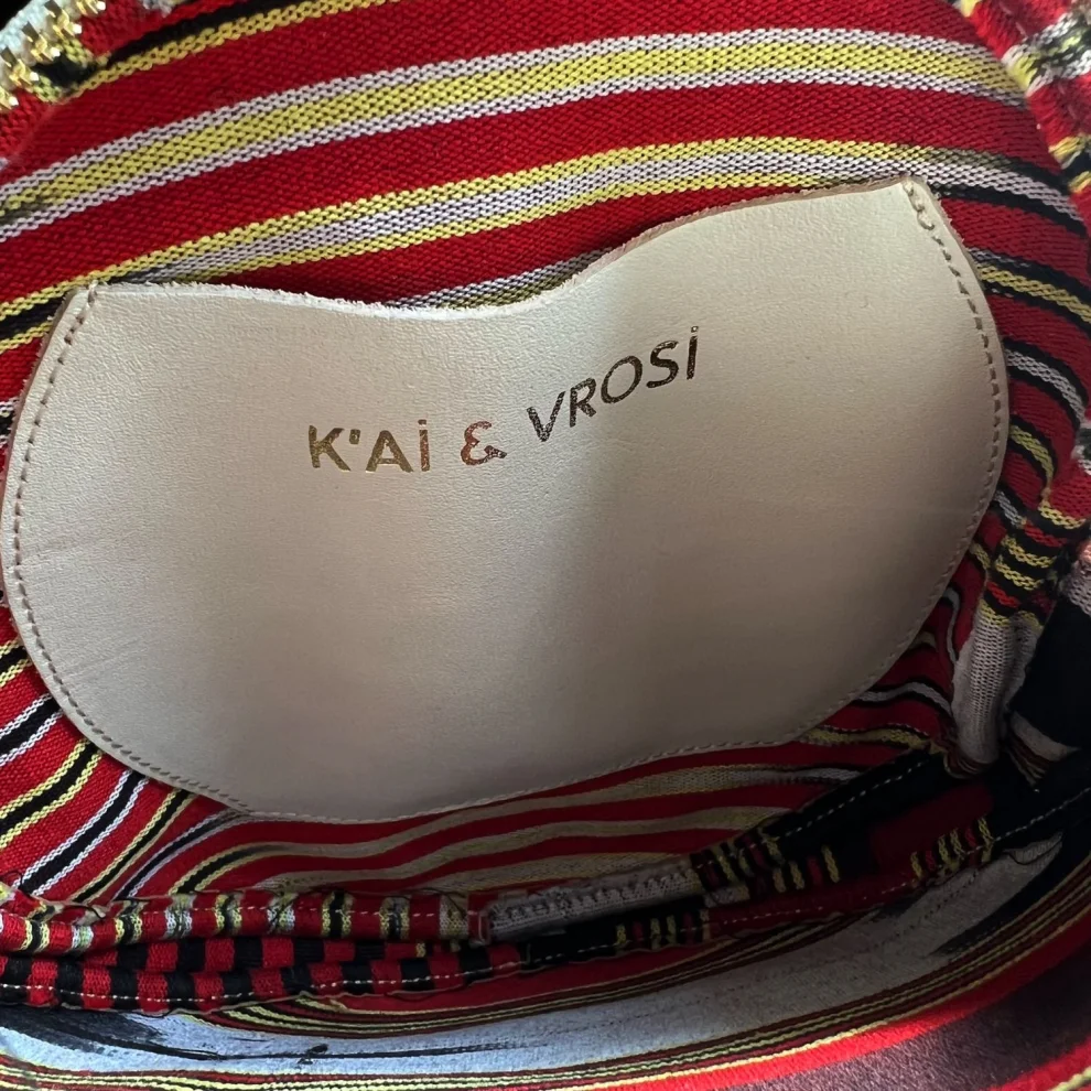 Kai & Vrosi - Genuine Leather & Striped Fabric Pattern Crossbody Bag