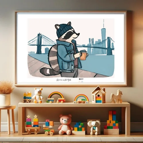 Muff Kids - Raccon In Ny - Travel Edition Art Baskı For Kids