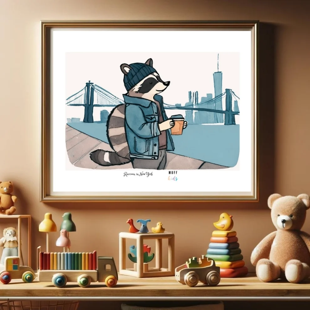 Muff Kids - Raccon In Ny - Travel Edition Art Baskı For Kids