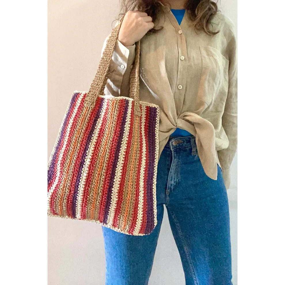 Vayu - Tony Striped Paper Yarn Handle Bag