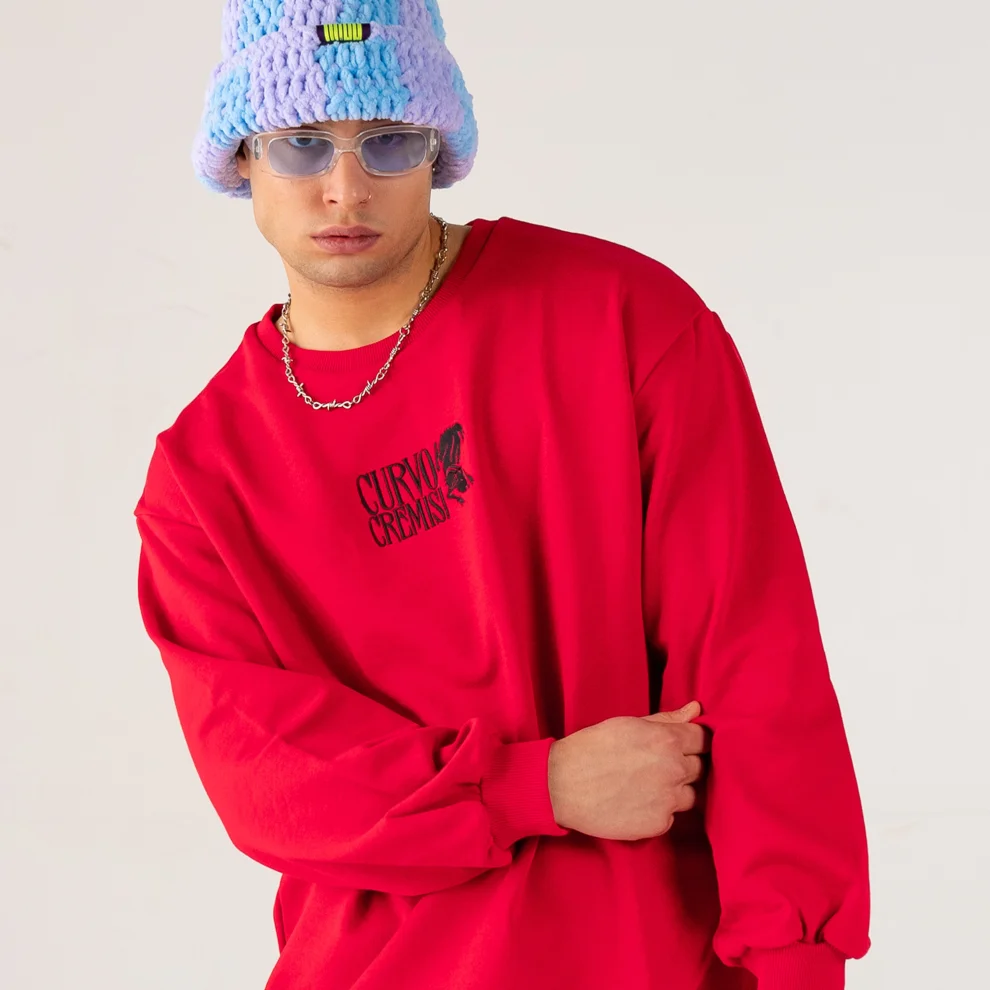 Curvo Cremisi - Oversize Embroidered Red Sweatshirt