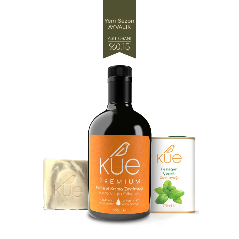 Kue Olive Oil - Natürel Sızma Zeytinyağı, Feleğen Çeşnili Zeytinyağı Ve Zeytinyağı Sabunu Tanışma Paketi