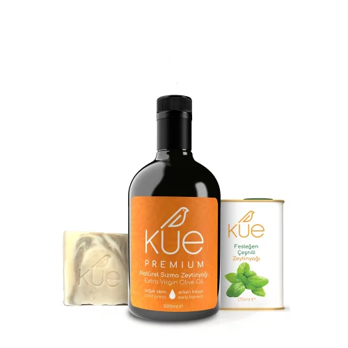 Kue Olive Oil - Natürel Sızma Zeytinyağı, Feleğen Çeşnili Zeytinyağı Ve Zeytinyağı Sabunu Tanışma Paketi