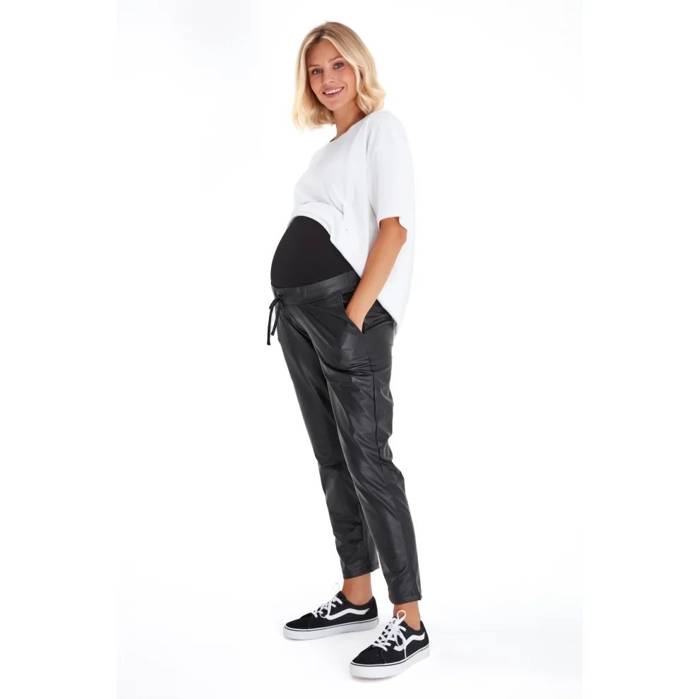 Accouchee - Comfy Cool Foldover Waistband Faux Leather Maternity Jogger Pants