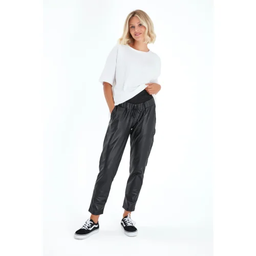 Accouchee - Comfy Cool Foldover Waistband Faux Leather Maternity Jogger Pants