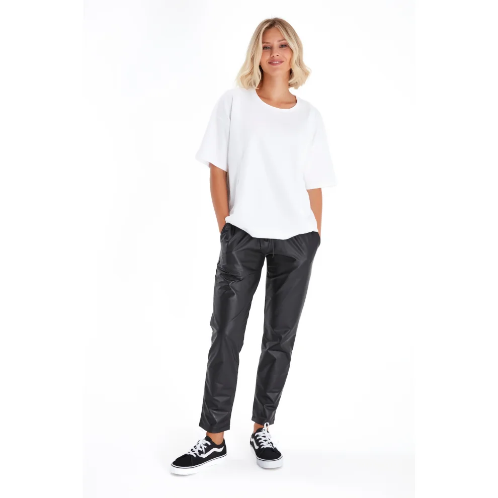 Accouchee - Comfy Cool Foldover Waistband Faux Leather Maternity Jogger Pants