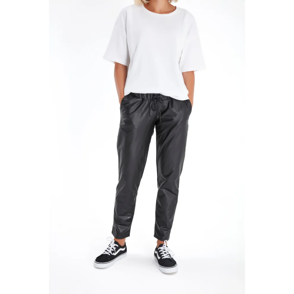 Accouchee - Comfy Cool Foldover Waistband Faux Leather Maternity Jogger Pants