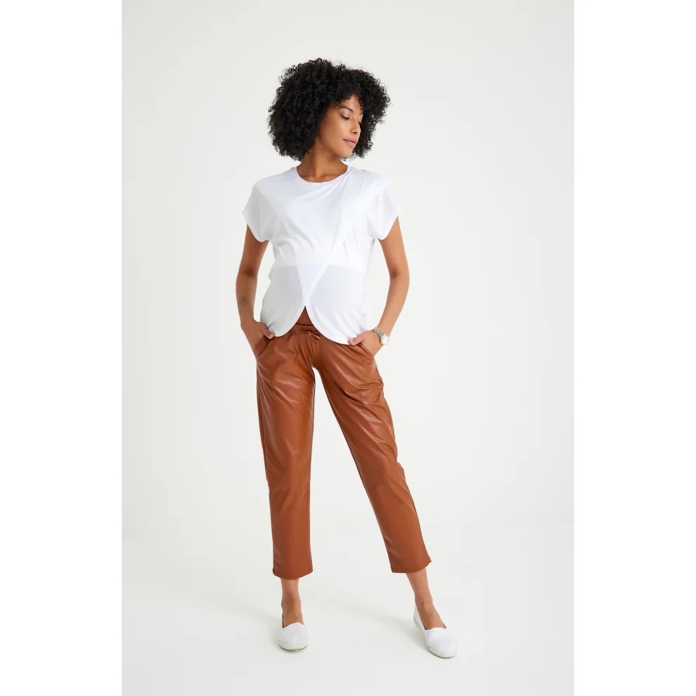 Accouchee - Comfy Cool Foldover Waistband Faux Leather Maternity Jogger Pants