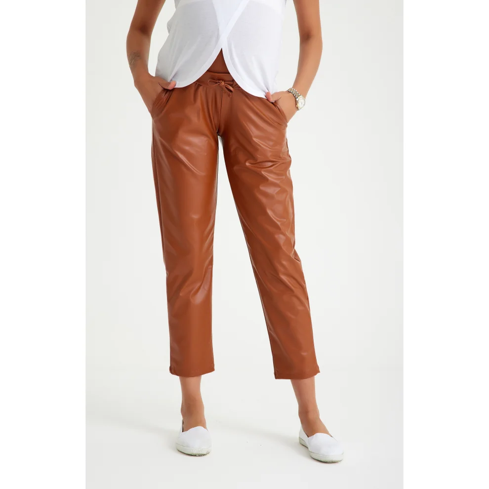 Accouchee - Comfy Cool Foldover Waistband Faux Leather Maternity Jogger Pants