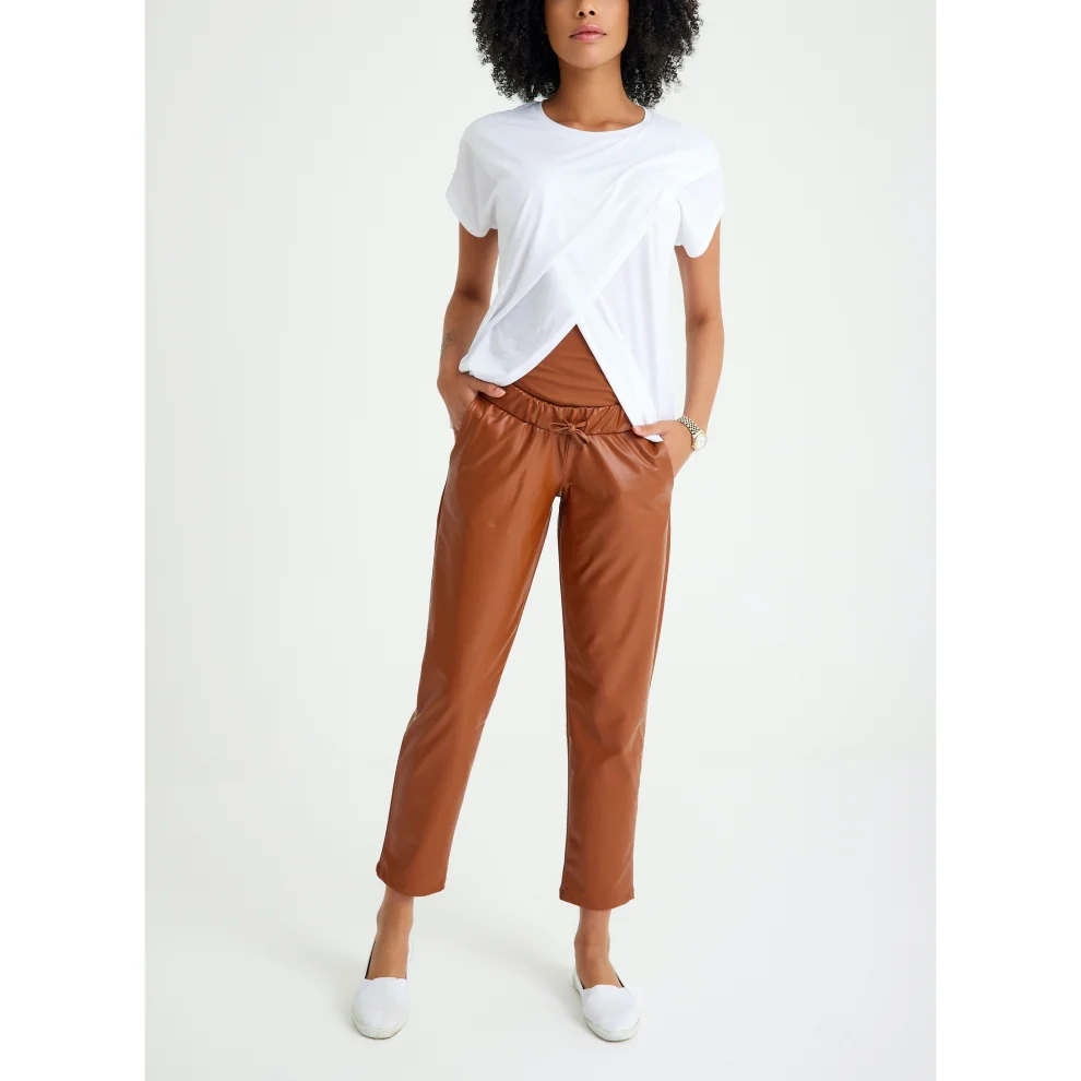 Accouchee - Comfy Cool Foldover Waistband Faux Leather Maternity Jogger Pants