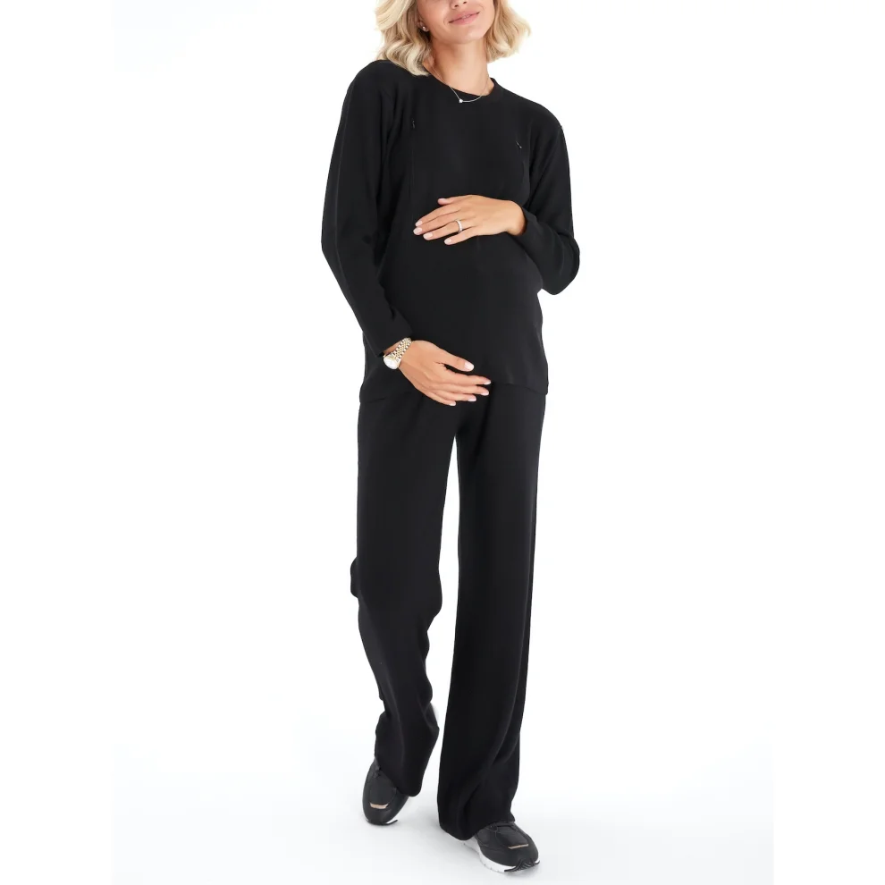 Accouchee - Effortless Elegance Set With Rib Side Zip Maternity/nursing Top & Lounge Pants