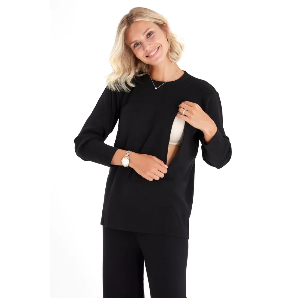 Accouchee - Effortless Elegance Set With Rib Side Zip Maternity/nursing Top & Lounge Pants