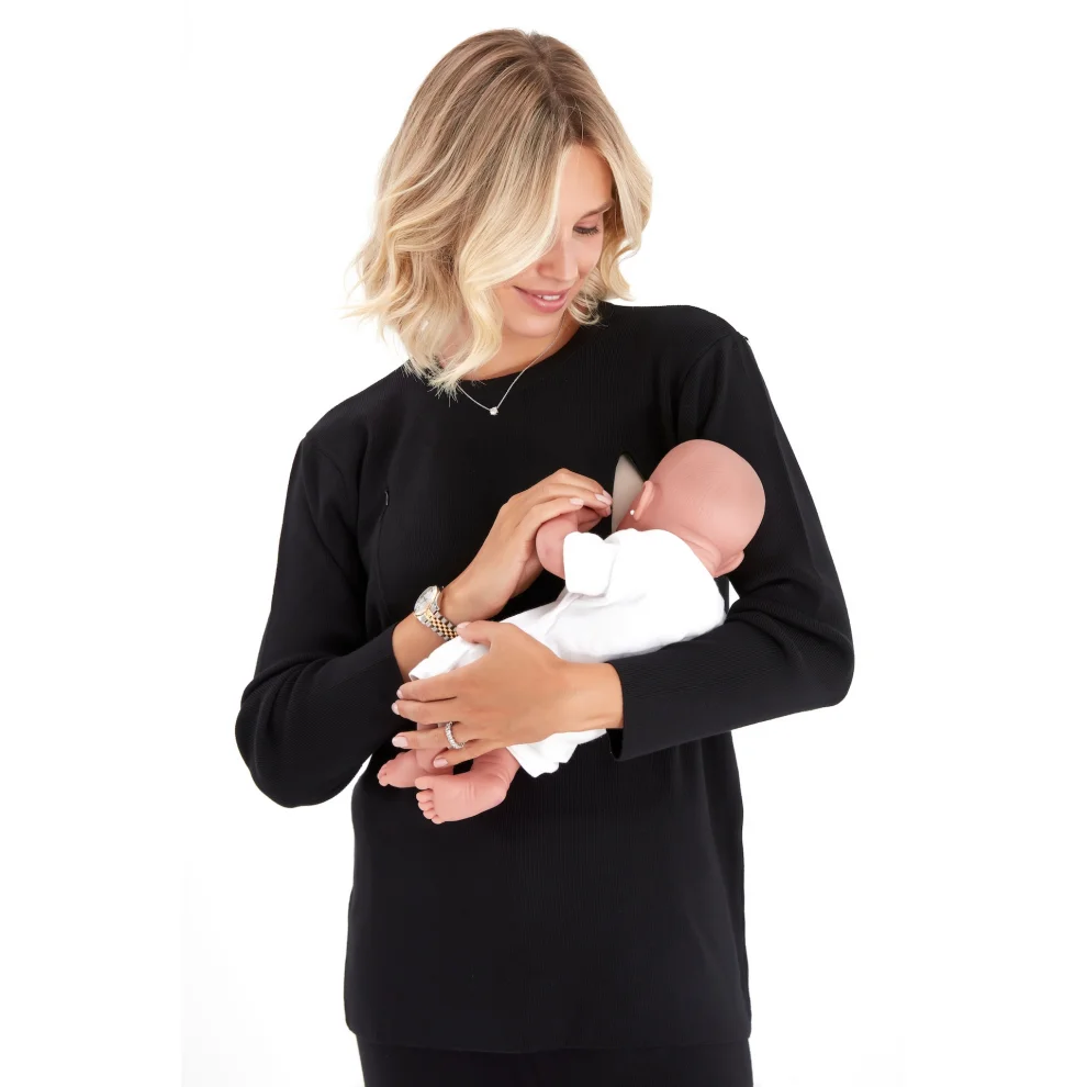 Accouchee - Effortless Elegance Set With Rib Side Zip Maternity/nursing Top & Lounge Pants