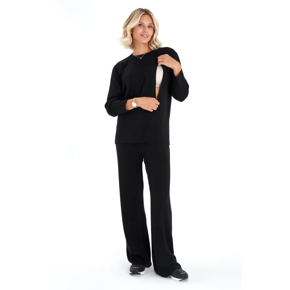 Accouchee - Effortless Elegance Set With Rib Side Zip Maternity/nursing Top & Lounge Pants