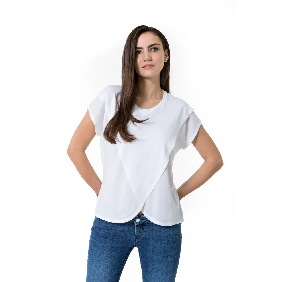 Accouchee White Handy Crossover Short Sleeve Maternity nursing Top hipicon