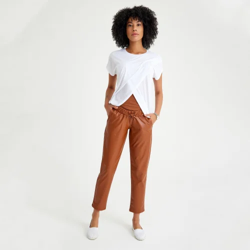 Accouchee - Comfy Cool Foldover Waistband Faux Leather Maternity Jogger Pants