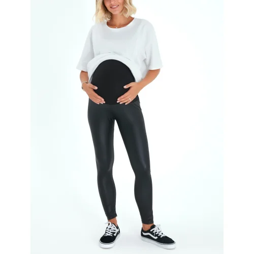 Accouchee - Subtle Foldover Waistband Faux Leather Maternity Leggings