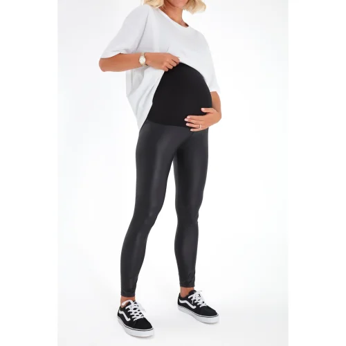 Accouchee - Subtle Foldover Waistband Faux Leather Maternity Leggings