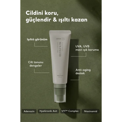 Village 11 Factory - Daily Mild Sun Fluid Spf50+ Pa++++ 50ml - Hafif Dokulu Günlük Vegan Güneş Kremi