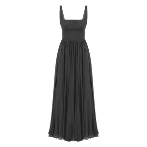 Silk Square Neck, Gathered Waist, Flared Midi Evening Dress