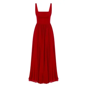 Silk Square Neck, Gathered Waist, Flared Midi Evening Dress