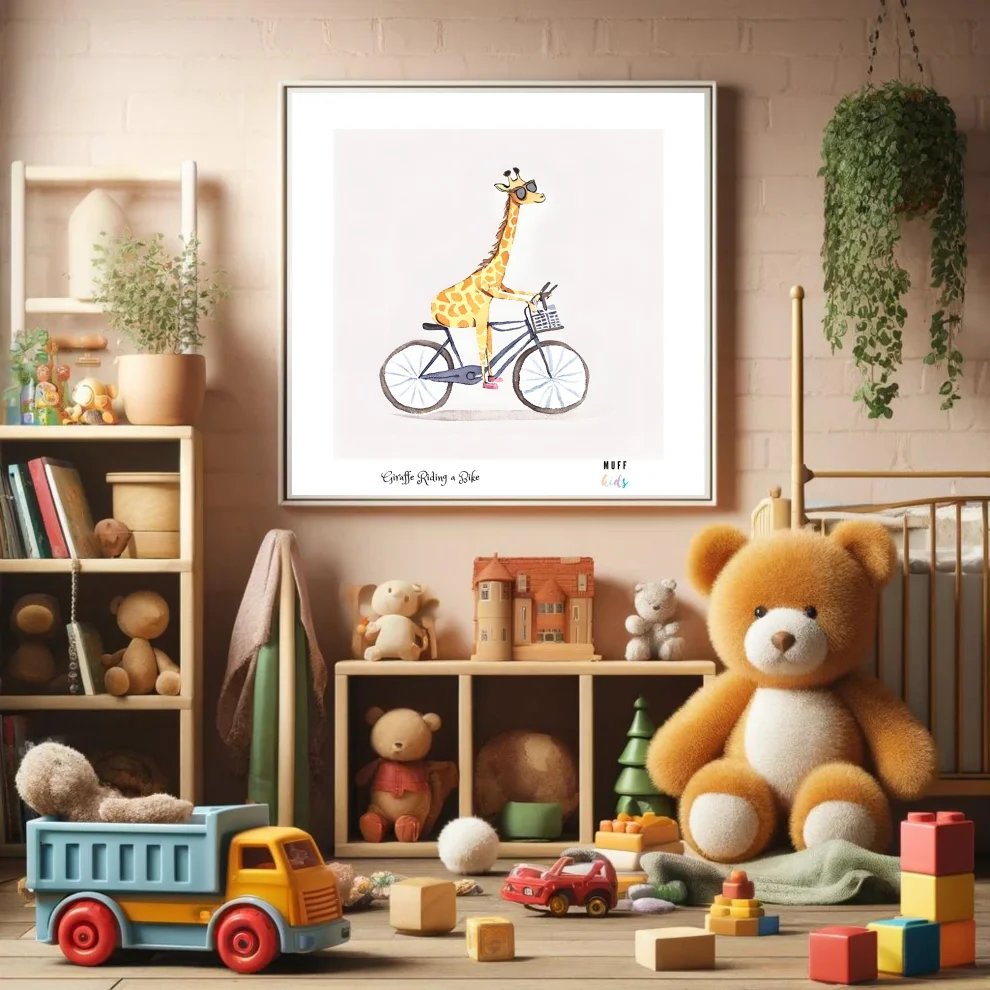 Muff Kids - Free Friends Giraffe Ride A Bike No:2 Art Print Çocuk Odası Posteri