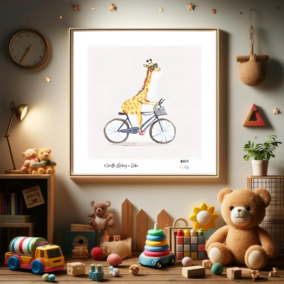 Muff Kids - Free Friends Giraffe Ride A Bike No:2 Art Print Çocuk Odası Posteri