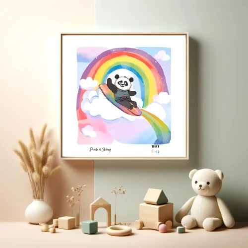 Muff Kids - Free Friends Panda Is Sliding Art Print Çocuk Odası Posteri