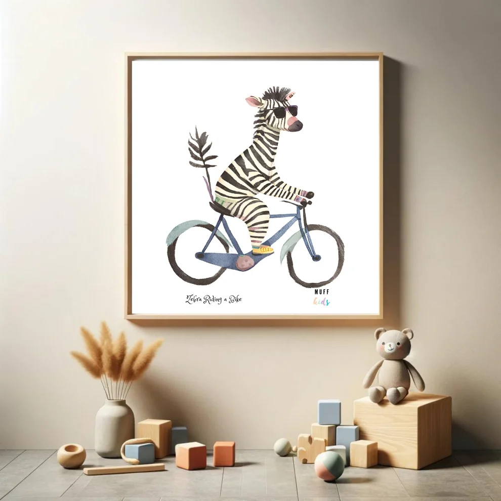 Muff Kids - Free Friends Zebra Ride A Bike Art Print Çocuk Odası Posteri