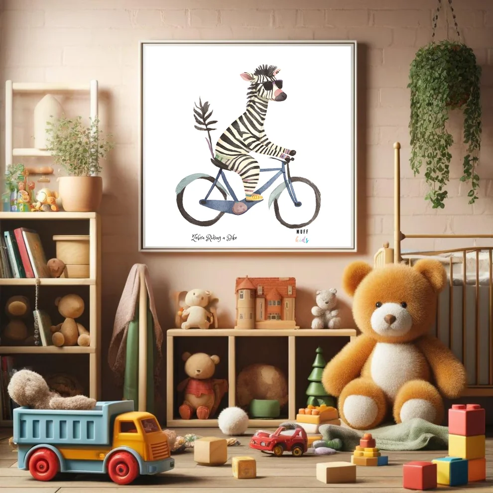 Muff Kids - Free Friends Zebra Ride A Bike Art Print Çocuk Odası Posteri