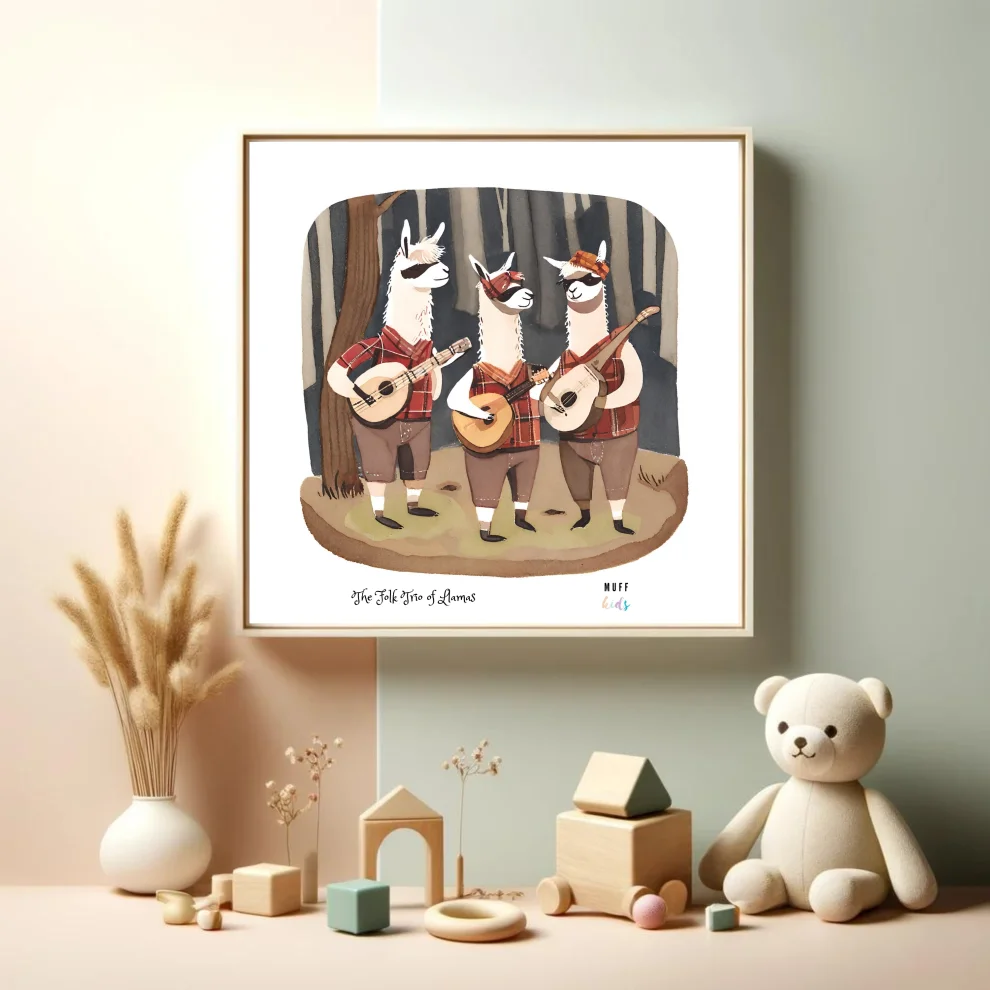 Muff Kids - The Folk Trio Of Llamas Art Print Çocuk Odası Posteri