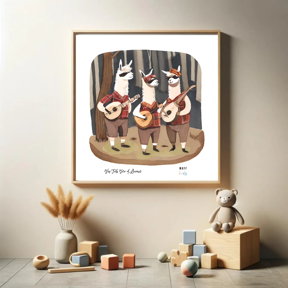 Muff Kids - The Folk Trio Of Llamas Art Print Çocuk Odası Posteri