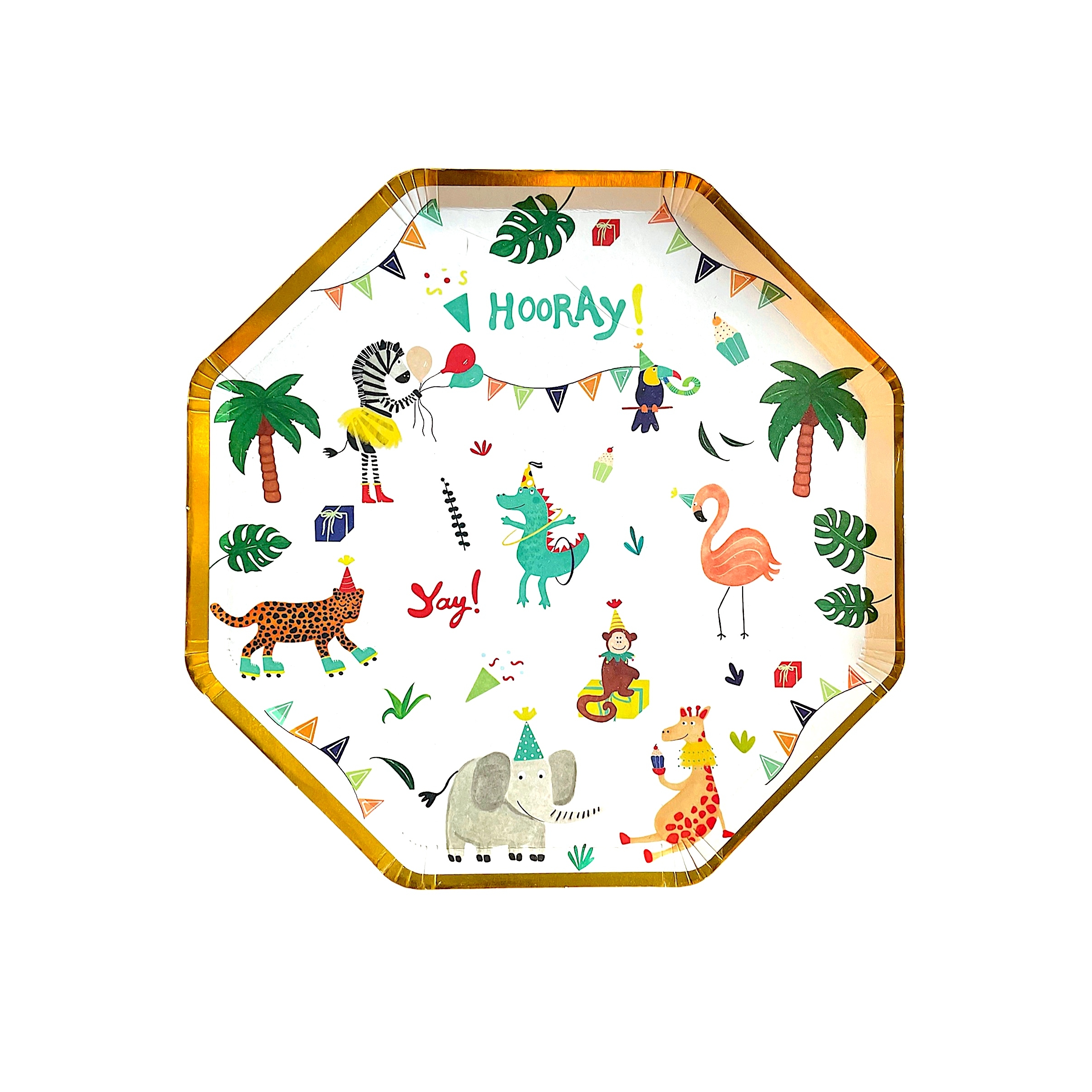 Animal World Paper Plate Set, 8, Hexagonal And Gilded