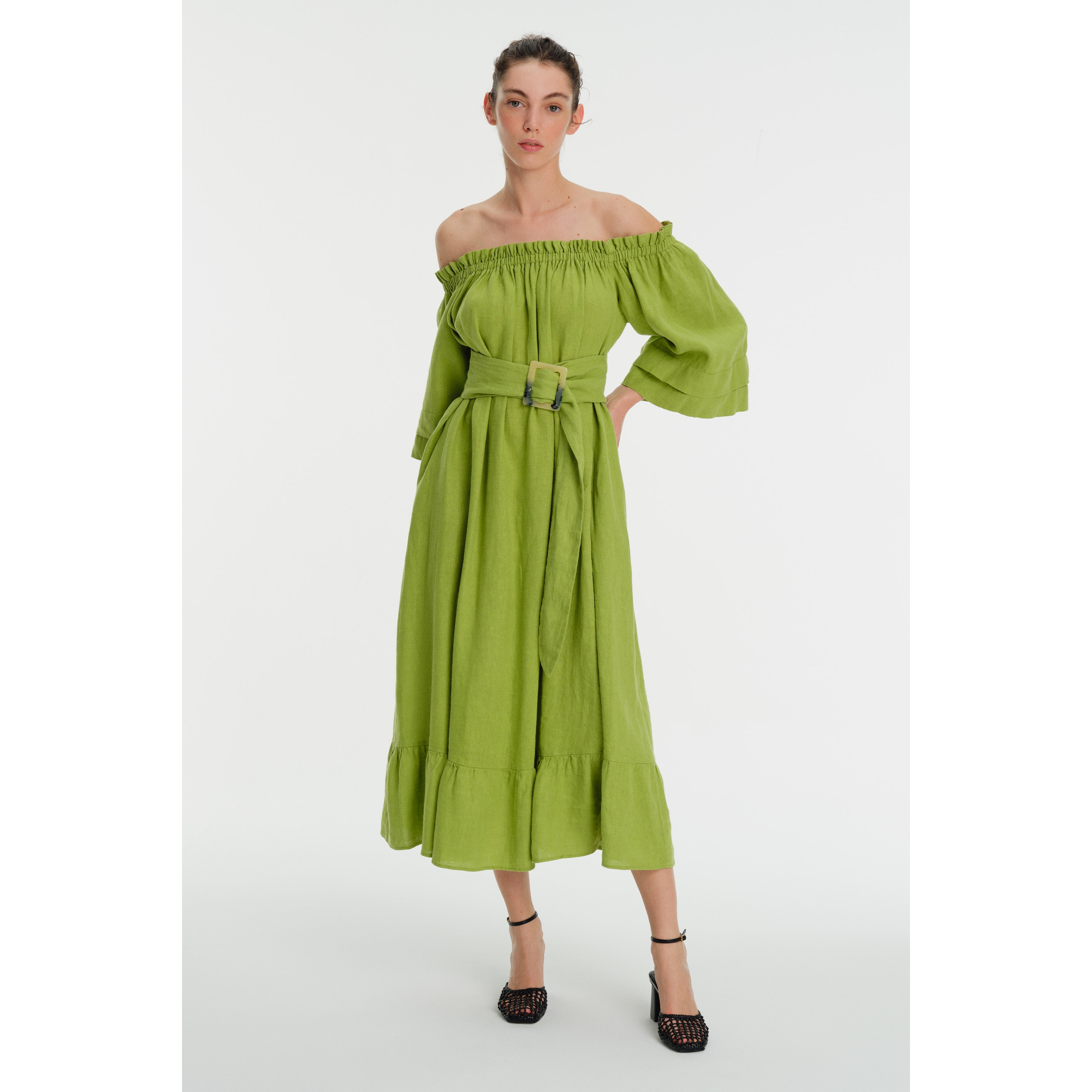 Low Shoulder Gathered Midi Length Linen Dress