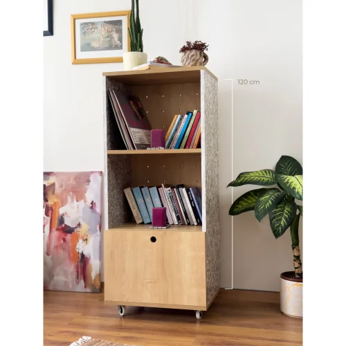 Byda Mobilya - Mevs - Modular Bookshelf With Wheels - Recycled (rcp), Upcycle, Bookcase With Door, Open Shelves Free Standing Storage Cabinet