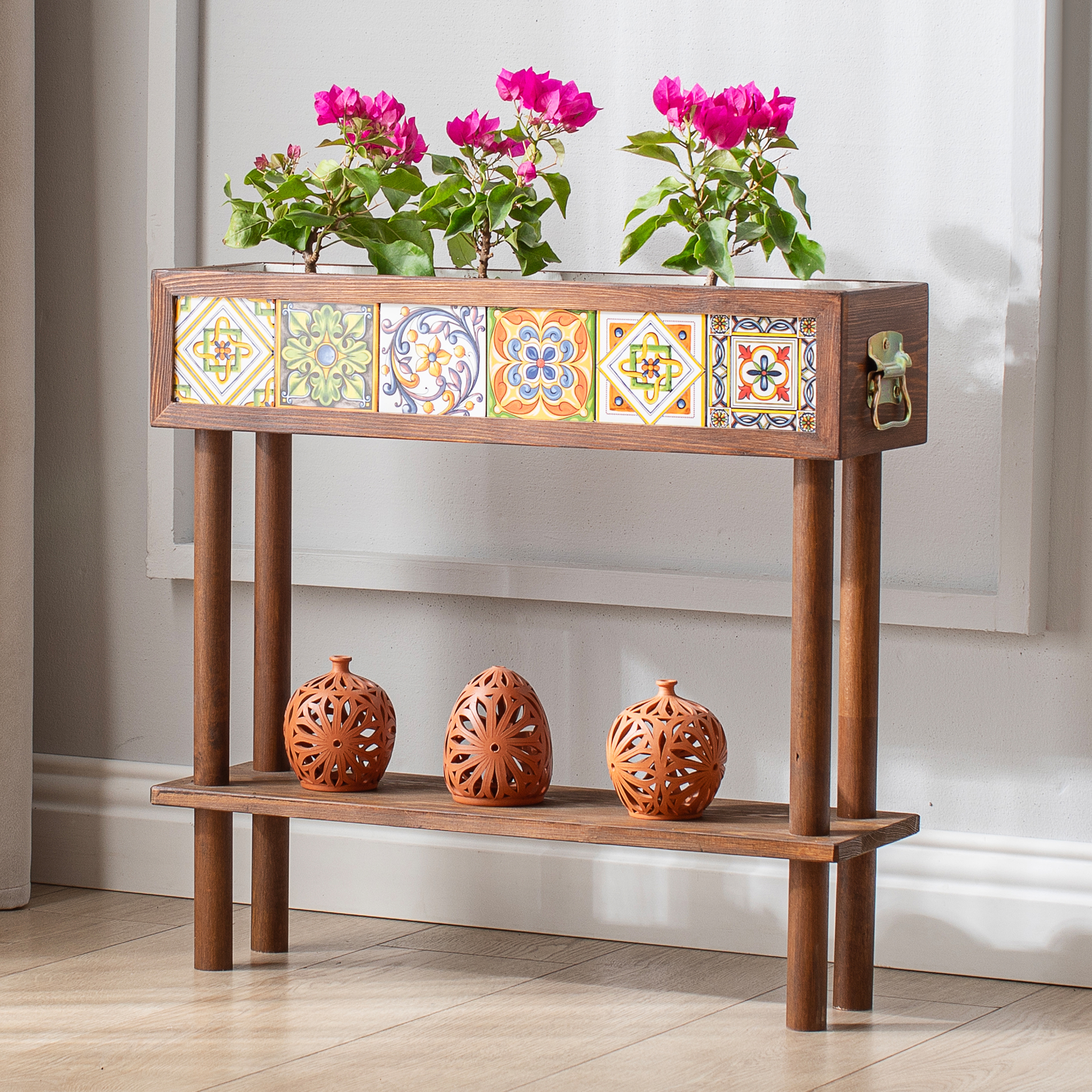 Handmade Standing Flower Pot With Shelf 6 Mexican Tiles Decorative Modern Wooden Flower Pot