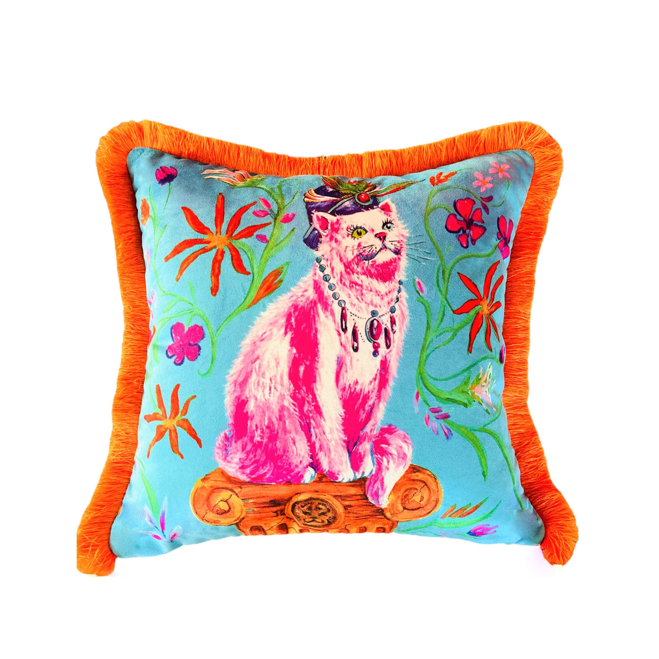 Pink Cat Pattern Blue Velvet Throw Pillow Cover