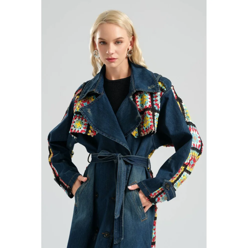 Design Company - Navy Blue Crochet Detailed Denim Trench