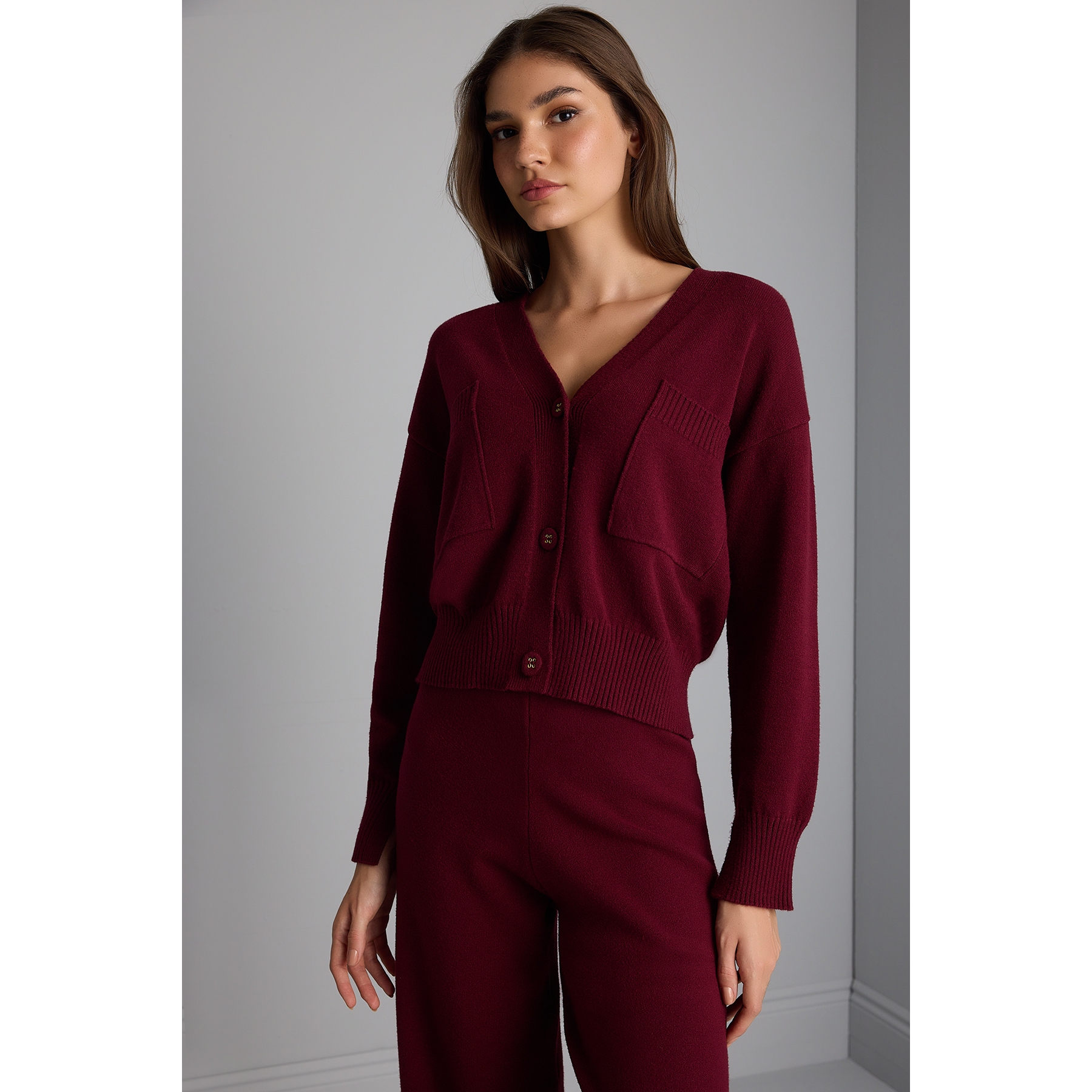 Pocket Detailed V-neck Burgundy Knitwear Cardigan