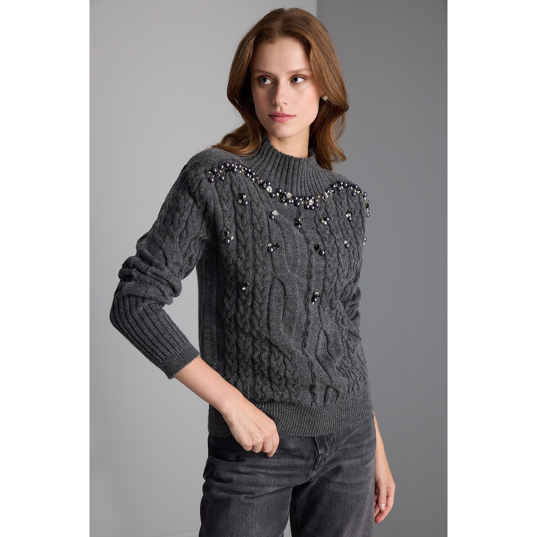 Hand Embroidered Stone Gray Knitwear Sweater