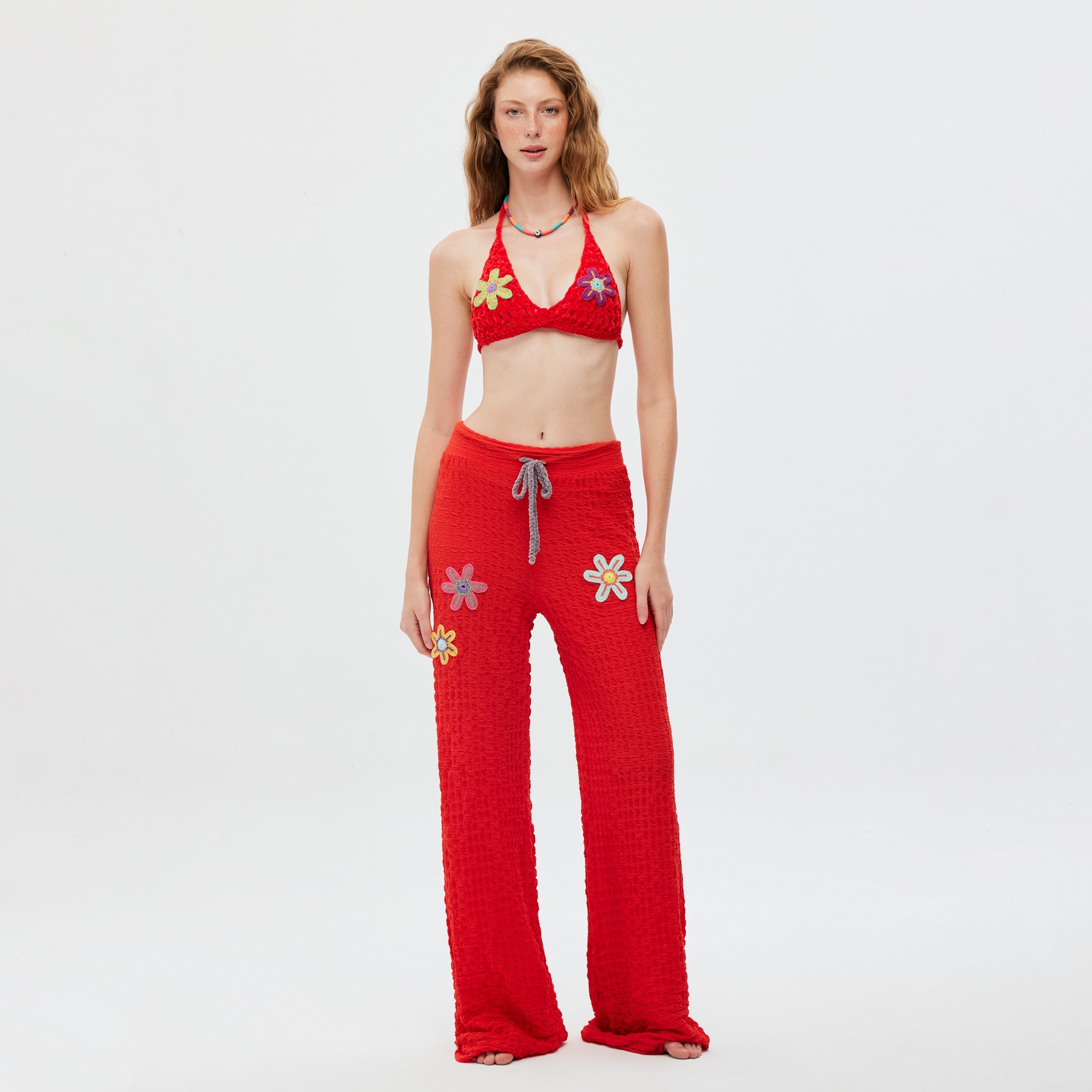 Velvet Flower Embroidered Beach Trousers